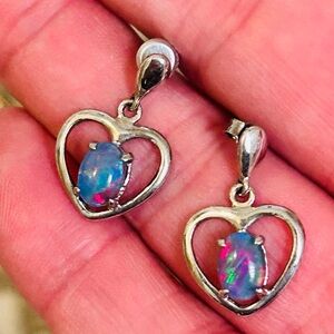 925 Sterling Silver  Inlaid Blue Fire Opal Love Heart Dangle Earrings